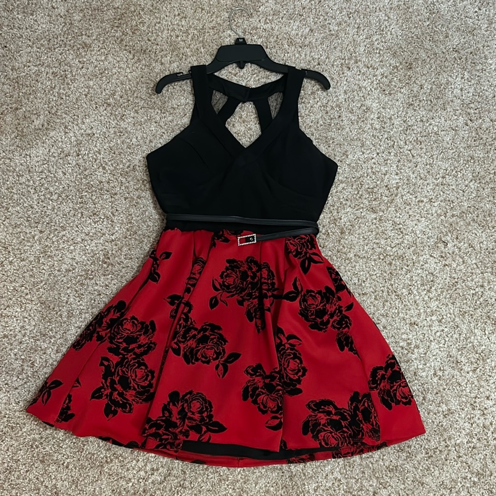 black and red flower knee length dress